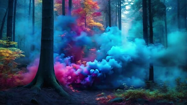 colorful smoke on air blue forest 4k quality