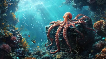 Octopus Guardian of Sunken Treasures in a Coral Reef - obrazy, fototapety, plakaty