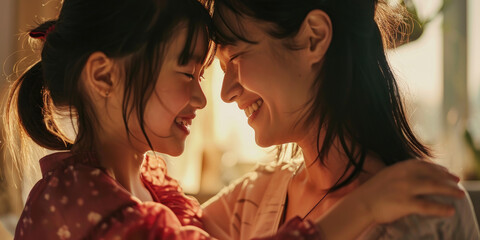 Close-up of happy asian mother and daughter looking at each other, Mother's day concept - Powered by Adobe