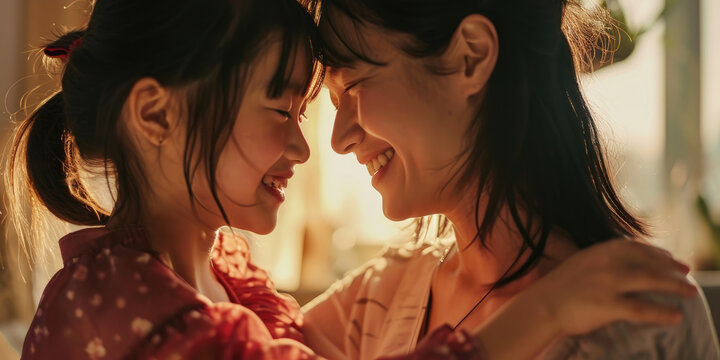 Close-up of happy asian mother and daughter looking at each other, Mother's day concept