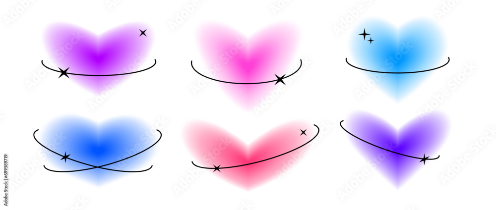 Poster y2k hearts with eclipse line elements set. trendy blurry aura shape collection. blurred smooth gradi