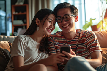 happy asian young couple using smart phone while relaxing on a couch in their living room at home