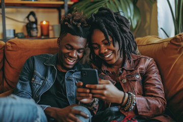 African American happy young couple using smart phone while relaxing on a couch in their living room at home - obrazy, fototapety, plakaty