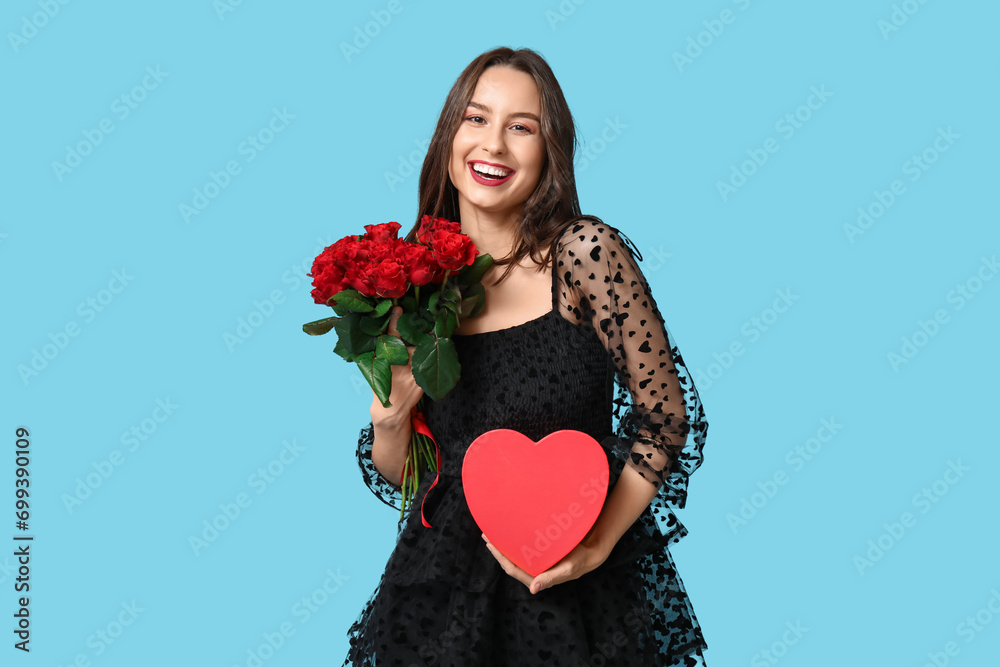 Sticker beautiful young woman with gift box in shape of heart and bouquet of red roses on blue background. v