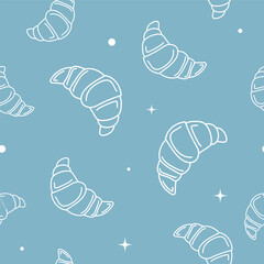 Vector illustration. Contour seamless pattern with cute croissant sketch style. Hand drawn food elements. Desserts and sweets festive pattern for textiles, wallpaper, packaging, wrapping paper.