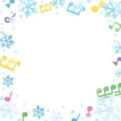 水色の雪の結晶とカラフルな音符のフレーム・背景_正方形