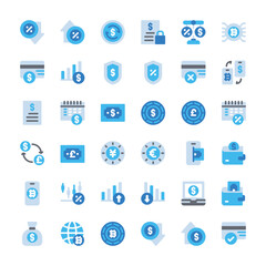 36 financial icons in line flat style, including money, investment, graph, cash, currency, business and more.