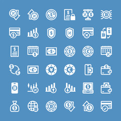 36 financial icons in line glyph style, including money, investment, graph, cash, currency, business and more.