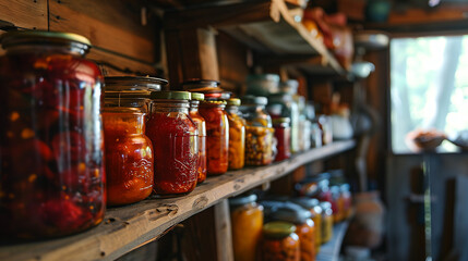 Traditional pantry shelf full of jars of preserved vegetables and fruit ai sause jam jelly marmalade