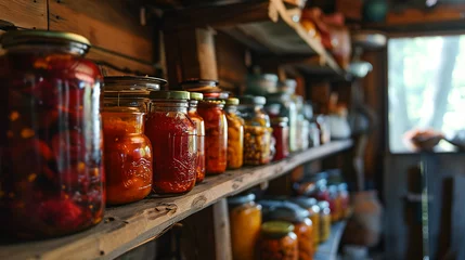 Foto op Plexiglas Traditional pantry shelf full of jars of preserved vegetables and fruit ai sause jam jelly marmalade © Erzsbet