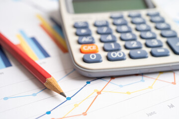 Pencil and calculator on chart or graph paper. Financial, account, statistics and business data concept.