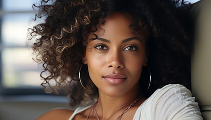 Beautiful woman with curly hair looking at camera generated by AI