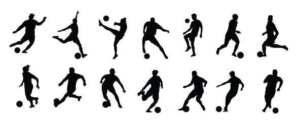 soccer player silhouette illustration. vector set of football (soccer) players - obrazy, fototapety, plakaty