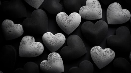 White and black heart shaped rocks on black background. Pile of white heart pebble, stone....