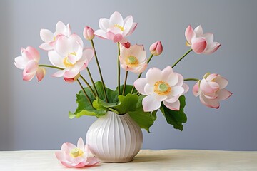 art of arranging flowers: very beautiful white pink lotus flowers in a vase on the table with a light background