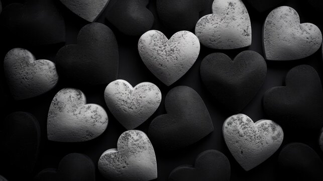 White and black heart shaped rocks on black background. Pile of white heart pebble, stone. Valentine's day. Heart shape of pebble on small peddles.
