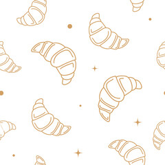 Vector illustration. Contour seamless pattern with cute croissant sketch style. Hand drawn food elements. Desserts and sweets festive pattern for textiles, wallpaper, packaging, wrapping paper.