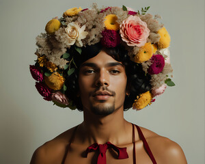 Young queer American model posing for a photograph with a crown of spring flowers of different sizes and types on a flat surface in pastel colors wearing an elegant suit - obrazy, fototapety, plakaty
