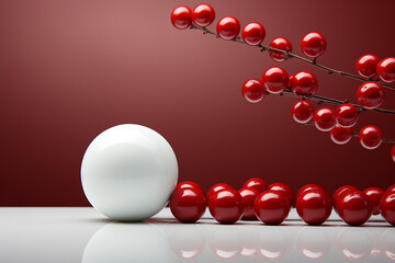 White candies and red sphere on a neutral backdrop