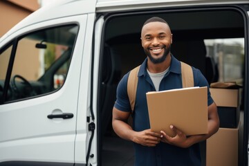 A man holding a box in front of a van - obrazy, fototapety, plakaty