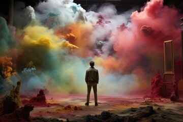 A man standing in front of a colorful cloud of smoke
