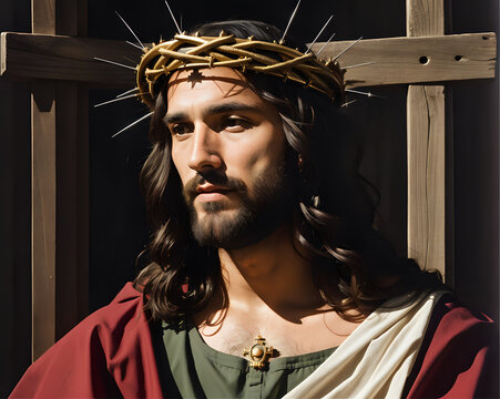 Jesus Christ cruxifixction on the cross with his crown of thorns, carrying the cross before his crucifixion, praying to God to forgive sinners with a face of hope and pain