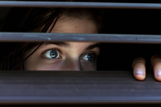 Terrified young woman's eyes looking through windows blinds