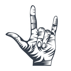 Rock hand gesture woodcut style drawing vector illustration