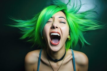 A woman with green hair is screaming - obrazy, fototapety, plakaty