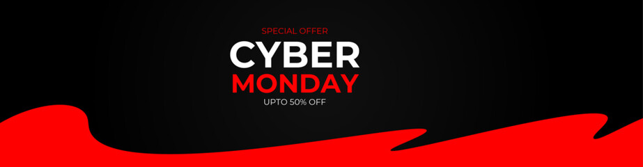 Sale banner template design, Cyber Monday special offer sale up to 50% off. Promo text on lines distortion background. Suit for Banner, cover, flyer, website, backdrop. vector illustration - obrazy, fototapety, plakaty