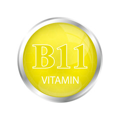 Vitamin B11 icon and structure isolated on cut out PNG. Yellow balls on yellow mix orange isolated background. Vitamin complex with chemical formula. Drug business concept.	
