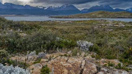 The harsh landscape of southern Patagonia. The Andes mountains against a cloudy sky. In the...