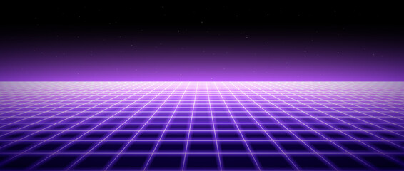 Neon wireframe horizon background. Light purple grid room floor in perspective. Glow violet retro futuristic wallpaper. Abstract checkered plane landscape. Game floor surface. Vector backdrop - obrazy, fototapety, plakaty