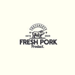 hand drawn pig pork vintage badge logo vector suitable for butcher shop or pig farm © Muhammad