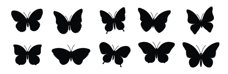 Flying butterflies silhouette black set isolated on white background
