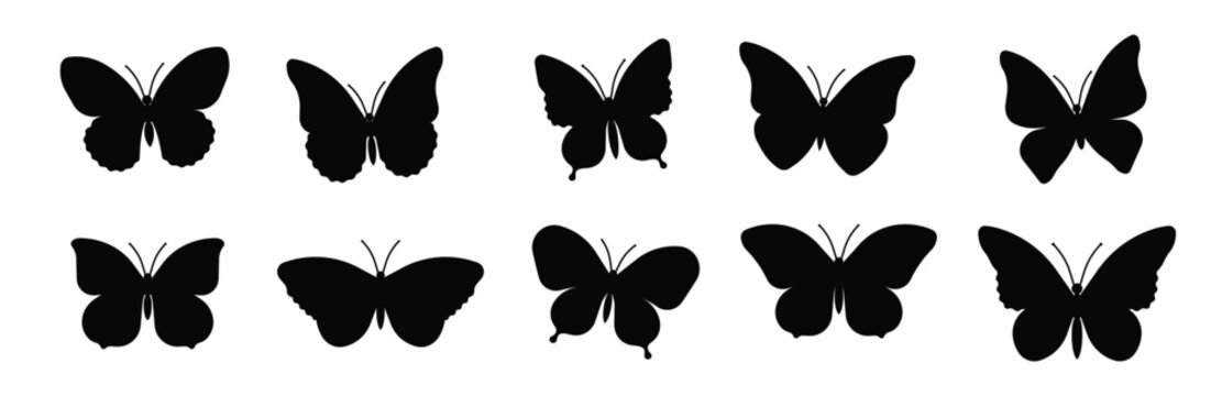 Flying butterflies silhouette black set isolated on white background
