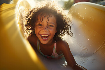 A young girl laughs while playing in a water slide, in the style of soft-focused realism, magewave, textural sensations, emotive faces, quantumpunk