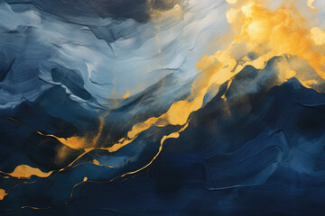 Abstract dark blue and gold painting on canvas background