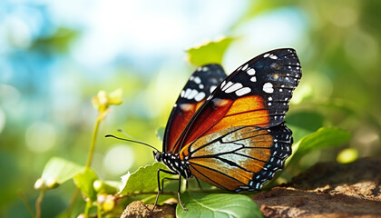 Obraz premium Butterfly wing showcases vibrant colors in nature beauty generated by AI