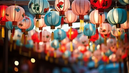 Chinese lanterns illuminate the night in vibrant colors generated by AI
