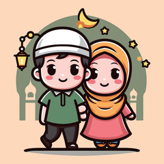 Free vector cute couple celebrate ramadhan day cartoon vector flat isolated illustration