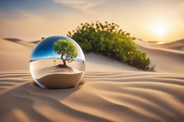 a glass ball with a tree inside on the sand of the dune - obrazy, fototapety, plakaty