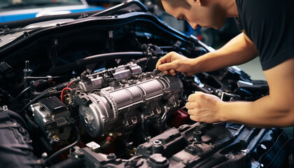 Car mechanic repairing engine, examining dipstick for oil generated by AI