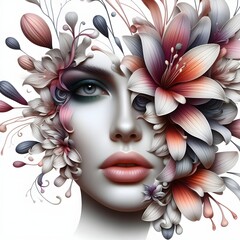 Extraordinary flora, Beautiful woman's face theme, digital art.