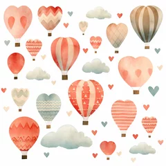 Foto auf Acrylglas Heißluftballon Watercolor Valentine Hot Air Balloon Ride