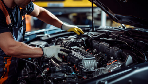 Car mechanic repairing engine in auto repair shop generated by AI