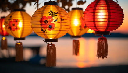 Chinese lanterns illuminate the night, symbolizing vibrant culture generated by AI