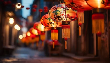 Zelfklevend Fotobehang Chinese lanterns illuminate the night, celebrating traditional festivals outdoors generated by AI © Gstudio