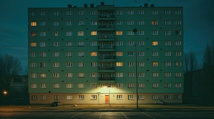 a photograph of a big apartment block - obrazy, fototapety, plakaty