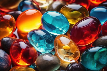 Beautiful background with multi-colored glass spheres and polished stones